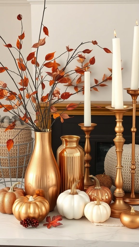A decorative autumn display featuring golden vases, white and orange pumpkins, and autumn leaves.