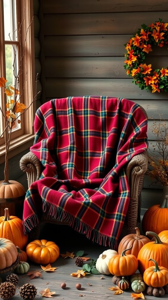 Cozy chair with a plaid blanket, surrounded by pumpkins and autumn decor.