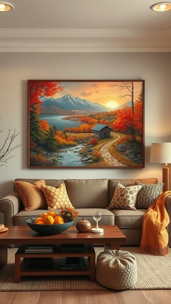 A cozy living room featuring a landscape painting of autumn scenery with vibrant trees and a cabin.