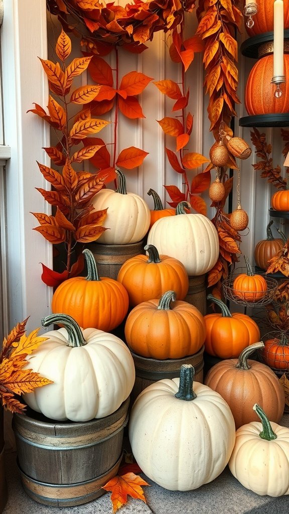 A display of orange and white pumpkins surrounded by autumn leaves and decor.