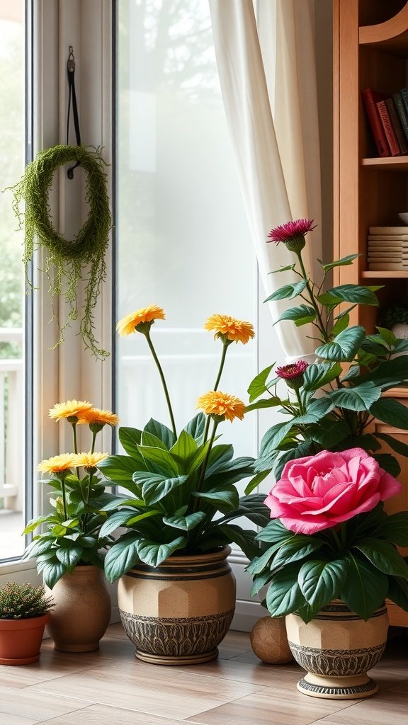 Colorful potted flowers and a moss wreath in a cozy indoor setting