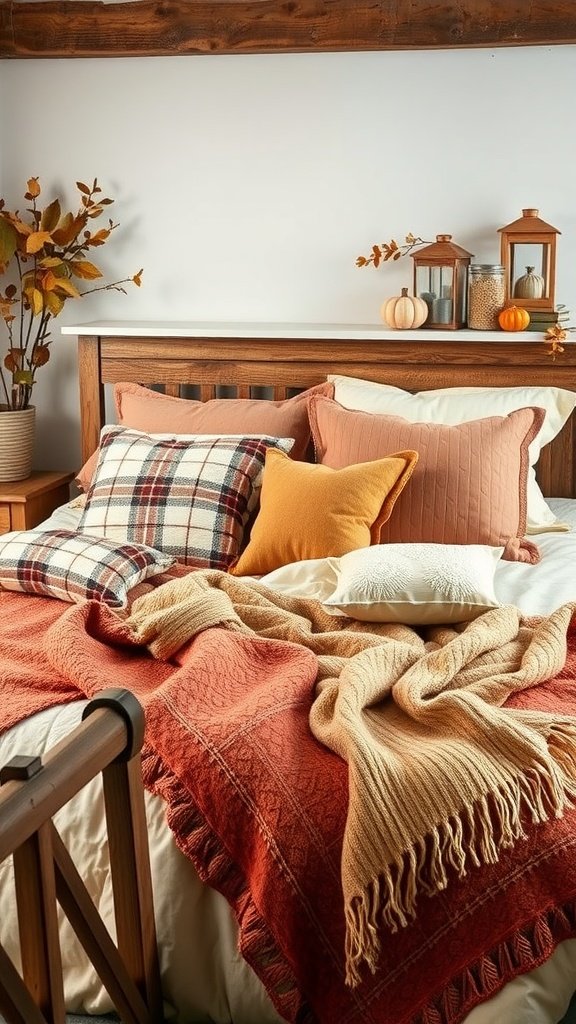 Cozy autumn-themed bed with warm textiles, pillows, and seasonal decorations.