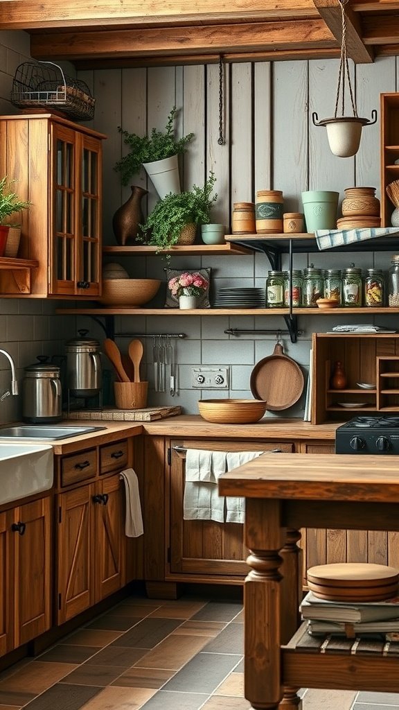 A cozy kitchen with wooden cabinets, open shelving, and rustic decor, perfect for autumn home decor.