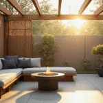 Hyperrealistic architectural photograph of a serene Japandi-style outdoor patio during golden hour, featuring a cedar wood pergola, L-shaped wooden bench with charcoal cushions, minimalist black fire pit, bamboo screens, potted ferns, and illuminated paper lanterns, showcasing warm sand beige, misty grey, and sage green tones.
