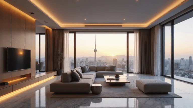 Hyperrealistic image of a luxury Korean apartment living room in Gangnam, featuring minimalist design, floor-to-ceiling windows with a Seoul skyline view, and cinematic golden hour lighting.