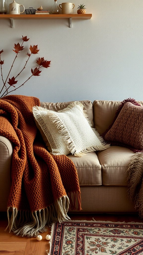 A cozy couch adorned with layered throws and pillows in autumn colors, complemented by decorative elements on a shelf.