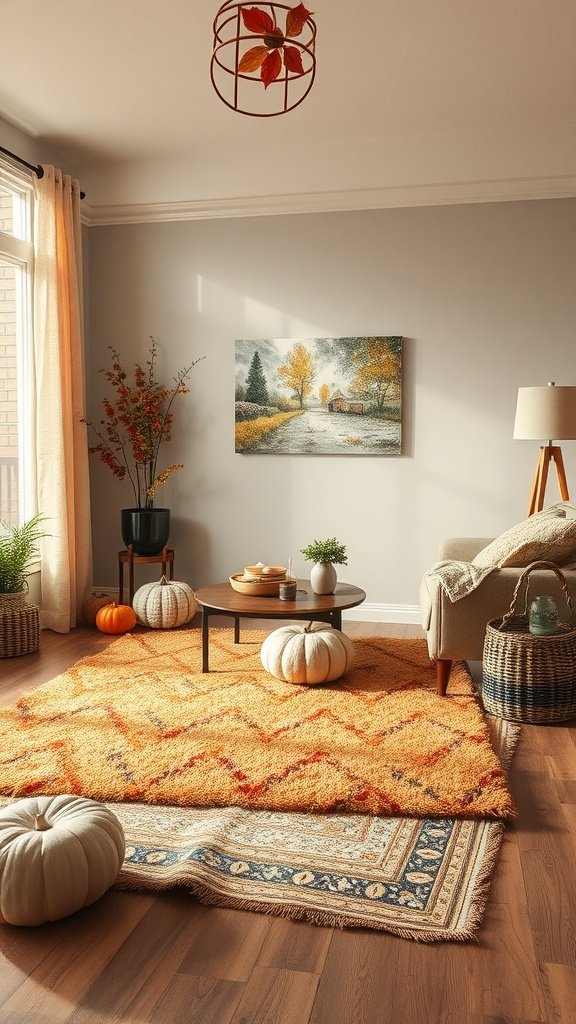 Cozy living room with layered rugs, pumpkins, and autumn decor