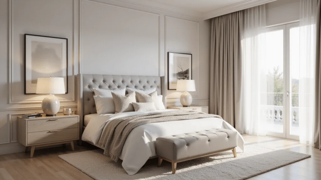 Photorealistic wide-angle view of a luxurious master bedroom bathed in soft morning light, featuring a king-sized bed with elegant bedding, accent pillows, and a velvet tufted bench, complemented by bleached oak nightstands and a plush cream rug on light hardwood floors, all set against pale greige walls with minimalist artwork.
