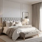 Photorealistic wide-angle view of a luxurious master bedroom bathed in soft morning light, featuring a king-sized bed with elegant bedding, accent pillows, and a velvet tufted bench, complemented by bleached oak nightstands and a plush cream rug on light hardwood floors, all set against pale greige walls with minimalist artwork.
