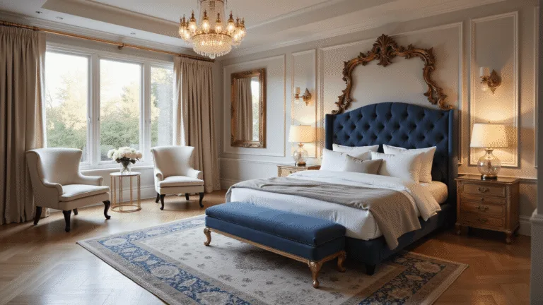 Photorealistic master bedroom illuminated by natural golden hour light, featuring a king-sized bed with a tufted navy velvet headboard, Egyptian cotton linens, and layered vintage Persian rugs, complemented by elegant furnishings and ornate decor.