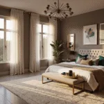 A luxurious master bedroom with a king-size bed, dove gray velvet tufted headboard, and layers of ivory silk bedding, illuminated by warm golden hour sunlight filtering through sheer curtains. The room features brass bedside tables, a modern chandelier, abstract art, and a plush geometric rug, all captured in photorealistic 8K quality.