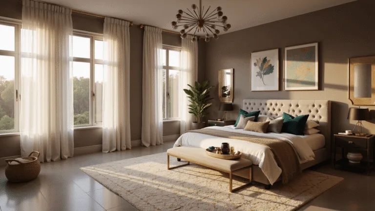 A luxurious master bedroom with a king-size bed, dove gray velvet tufted headboard, and layers of ivory silk bedding, illuminated by warm golden hour sunlight filtering through sheer curtains. The room features brass bedside tables, a modern chandelier, abstract art, and a plush geometric rug, all captured in photorealistic 8K quality.