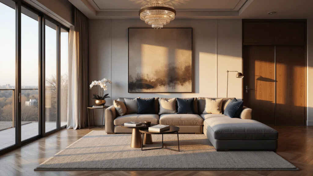 Photorealistic living room at golden hour with a grey velvet L-shaped sofa, oversized abstract art, brass accent tables, and a crystal chandelier, featuring herringbone hardwood floors and layered rugs, shot in 8k resolution with cinematic lighting.