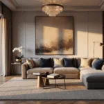 Photorealistic living room at golden hour with a grey velvet L-shaped sofa, oversized abstract art, brass accent tables, and a crystal chandelier, featuring herringbone hardwood floors and layered rugs, shot in 8k resolution with cinematic lighting.