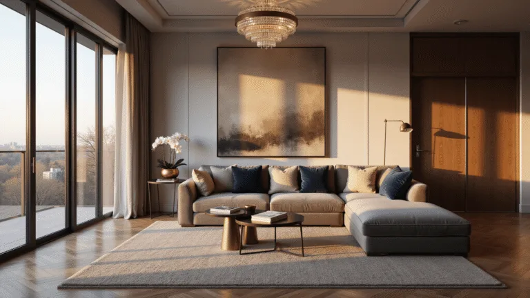 Photorealistic living room at golden hour with a grey velvet L-shaped sofa, oversized abstract art, brass accent tables, and a crystal chandelier, featuring herringbone hardwood floors and layered rugs, shot in 8k resolution with cinematic lighting.