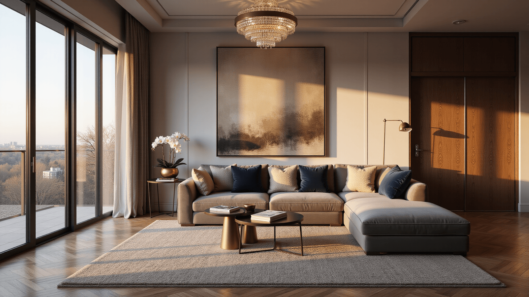 Photorealistic living room at golden hour with a grey velvet L-shaped sofa, oversized abstract art, brass accent tables, and a crystal chandelier, featuring herringbone hardwood floors and layered rugs, shot in 8k resolution with cinematic lighting.