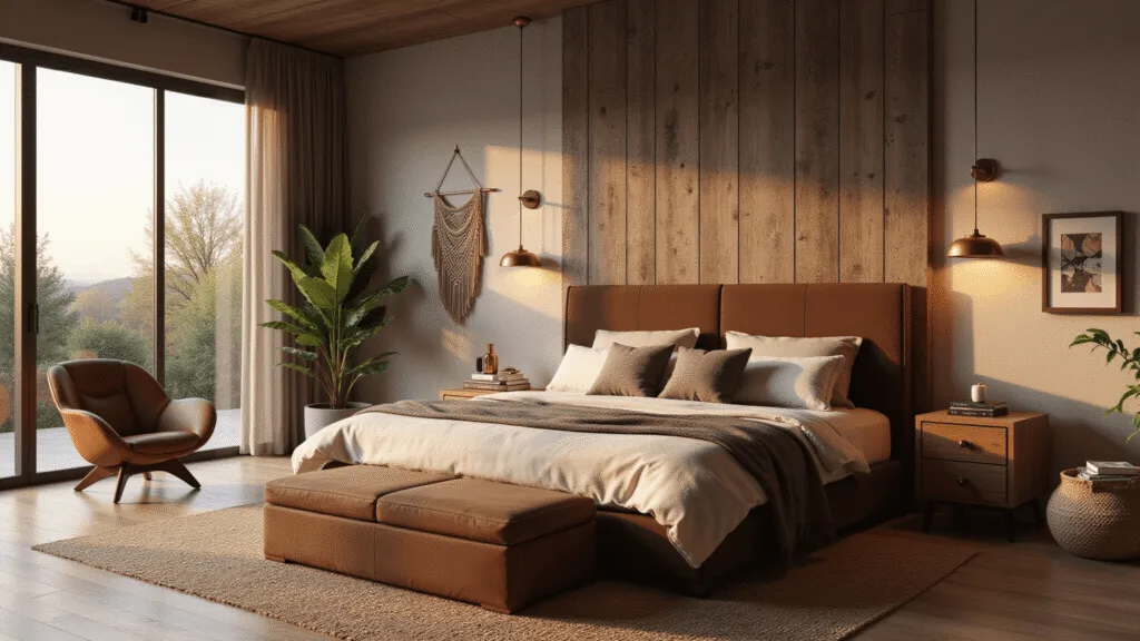 Photorealistic luxury bedroom at golden hour, featuring a king-sized bed with a chocolate brown velvet headboard, layered linens, and a weathered barn wood accent wall, complemented by vintage copper sconces, a cognac leather armchair, and a potted fiddle leaf fig plant, all within an inviting warm ambiance.