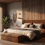Photorealistic luxury bedroom at golden hour, featuring a king-sized bed with a chocolate brown velvet headboard, layered linens, and a weathered barn wood accent wall, complemented by vintage copper sconces, a cognac leather armchair, and a potted fiddle leaf fig plant, all within an inviting warm ambiance.