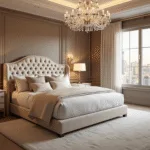A luxurious master bedroom at twilight featuring a king-sized bed with a tufted velvet headboard, layered white bedding, and a crystal chandelier, showcasing rich textures and warm lighting.