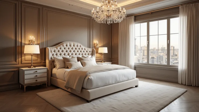 A luxurious master bedroom at twilight featuring a king-sized bed with a tufted velvet headboard, layered white bedding, and a crystal chandelier, showcasing rich textures and warm lighting.
