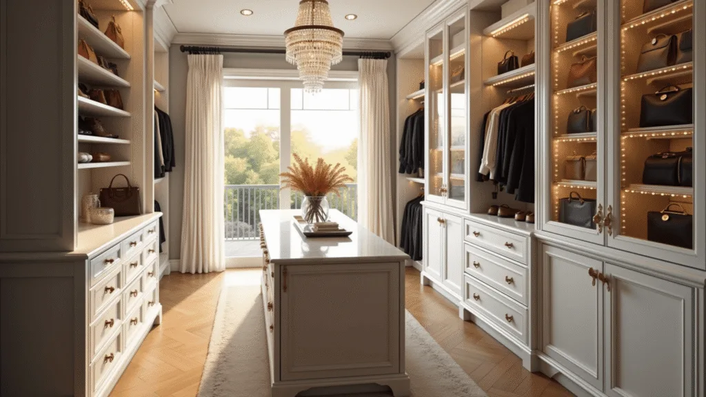 A photorealistic image of a luxurious walk-in closet featuring custom cabinetry, designer handbags, a central island with jewelry storage, herringbone hardwood floors, and a crystal chandelier, illuminated by golden hour light through large windows.