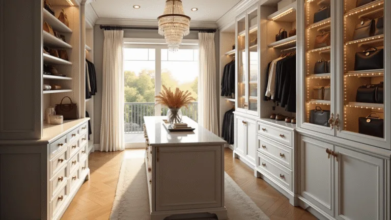 A photorealistic image of a luxurious walk-in closet featuring custom cabinetry, designer handbags, a central island with jewelry storage, herringbone hardwood floors, and a crystal chandelier, illuminated by golden hour light through large windows.