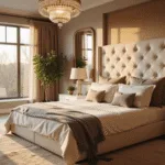 A luxurious master bedroom bathed in golden hour light, featuring a king-size bed with a tufted headboard, plush pillows, a cashmere throw, and marble nightstands, accented by a crystal chandelier and warm greige walls.