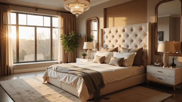 A luxurious master bedroom bathed in golden hour light, featuring a king-size bed with a tufted headboard, plush pillows, a cashmere throw, and marble nightstands, accented by a crystal chandelier and warm greige walls.