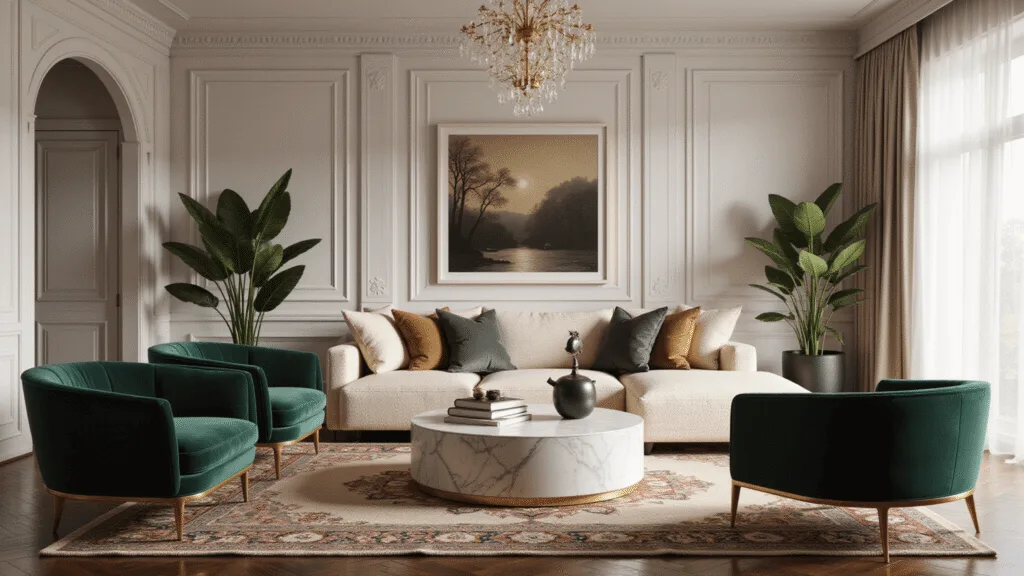 Photorealistic interior of a luxurious living room featuring a cream bouclé sofa, emerald velvet chairs, and a Carrara marble coffee table, bathed in warm golden hour light with dramatic shadows and high-end decor.
