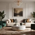 Photorealistic interior of a luxurious living room featuring a cream bouclé sofa, emerald velvet chairs, and a Carrara marble coffee table, bathed in warm golden hour light with dramatic shadows and high-end decor.