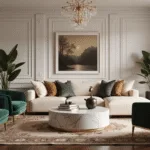 Photorealistic interior of a luxurious living room featuring a cream bouclé sofa, emerald velvet chairs, and a Carrara marble coffee table, bathed in warm golden hour light with dramatic shadows and high-end decor.