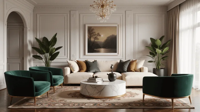 Photorealistic interior of a luxurious living room featuring a cream bouclé sofa, emerald velvet chairs, and a Carrara marble coffee table, bathed in warm golden hour light with dramatic shadows and high-end decor.