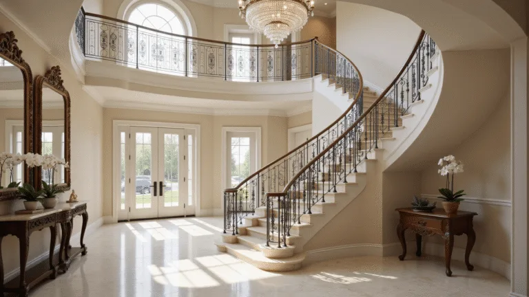 A grand luxury mansion foyer featuring a sweeping double marble staircase with ornate wrought iron railings, a massive crystal chandelier, cream marble floors with geometric inlays, oversized bronze-framed mirrors, and a hand-carved mahogany console table adorned with white orchids, all illuminated by natural morning light streaming through arched windows.