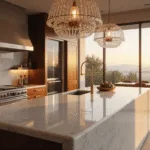 A hyper-realistic interior photograph of a luxurious open-concept kitchen featuring a Calacatta Gold marble waterfall island, warm sunlight streaming through floor-to-ceiling windows, a polished steel Wolf range, and handcrafted walnut cabinetry, all enhanced by layered lighting and a crystal chandelier.