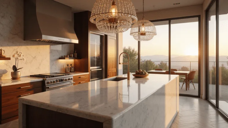 A hyper-realistic interior photograph of a luxurious open-concept kitchen featuring a Calacatta Gold marble waterfall island, warm sunlight streaming through floor-to-ceiling windows, a polished steel Wolf range, and handcrafted walnut cabinetry, all enhanced by layered lighting and a crystal chandelier.
