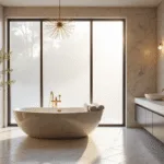 A contemporary luxury bathroom with a freestanding marble bathtub, double vanity with brass fixtures, and natural light streaming through frosted windows, highlighting marble textures and atmospheric steam.