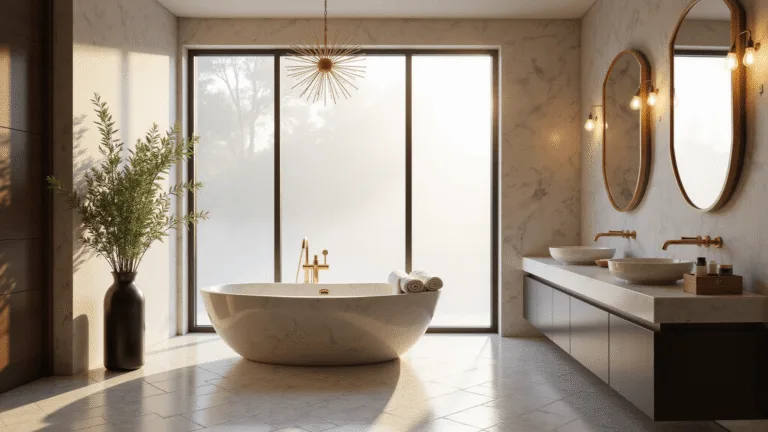 A contemporary luxury bathroom with a freestanding marble bathtub, double vanity with brass fixtures, and natural light streaming through frosted windows, highlighting marble textures and atmospheric steam.