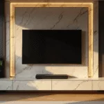 Contemporary luxury living room featuring a Calacatta gold marble floating TV unit, 85-inch TV, brushed brass inlays, geometric LED halo lighting, dramatic golden hour sunlight, textured charcoal accent wall, warm herringbone wood flooring, and trailing pothos plants.