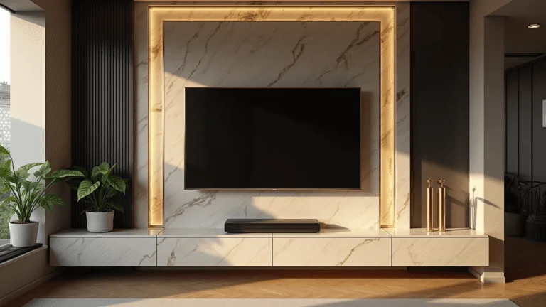 Contemporary luxury living room featuring a Calacatta gold marble floating TV unit, 85-inch TV, brushed brass inlays, geometric LED halo lighting, dramatic golden hour sunlight, textured charcoal accent wall, warm herringbone wood flooring, and trailing pothos plants.