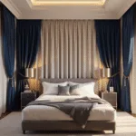 A luxurious master bedroom featuring floor-to-ceiling navy velvet curtains with sheer ivory underlayers, a king-sized bed with white linens and gray cashmere throw, illuminated by golden hour sunlight, showcasing rich textures and high-end interior design elements.