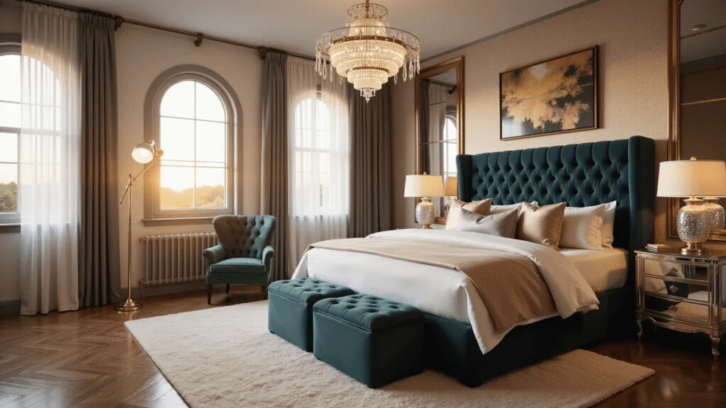 Opulent master bedroom at golden hour featuring a king-sized bed with a navy tufted velvet headboard, crisp white Egyptian cotton sheets, and silk pillows, illuminated by a crystal chandelier and warm sunset light filtering through sheer drapes.