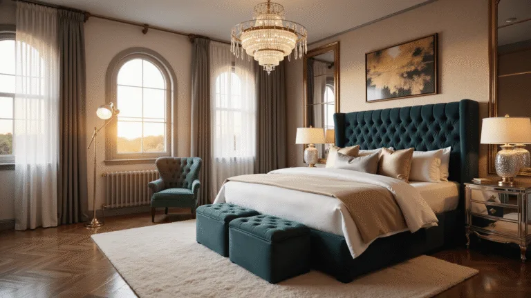 Opulent master bedroom at golden hour featuring a king-sized bed with a navy tufted velvet headboard, crisp white Egyptian cotton sheets, and silk pillows, illuminated by a crystal chandelier and warm sunset light filtering through sheer drapes.