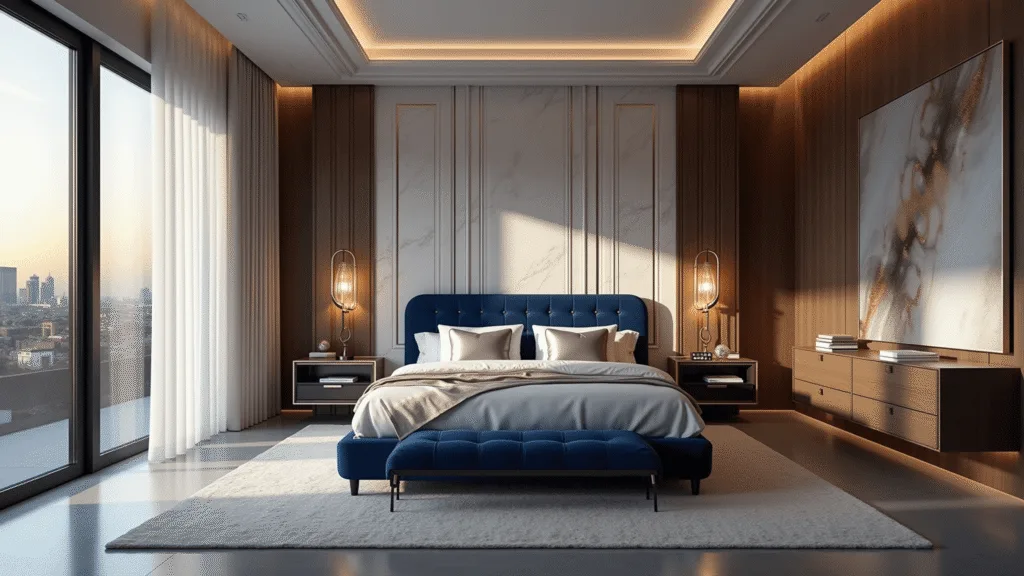 Photorealistic wide-angle view of an opulent master bedroom at golden hour, featuring a sapphire blue tufted velvet headboard, Egyptian cotton linens, and polished concrete floors, with dramatic shadows cast by natural light filtering through sheer curtains, and a twilight cityscape visible through panoramic windows.