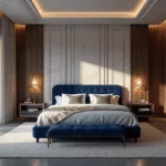 Photorealistic wide-angle view of an opulent master bedroom at golden hour, featuring a sapphire blue tufted velvet headboard, Egyptian cotton linens, and polished concrete floors, with dramatic shadows cast by natural light filtering through sheer curtains, and a twilight cityscape visible through panoramic windows.
