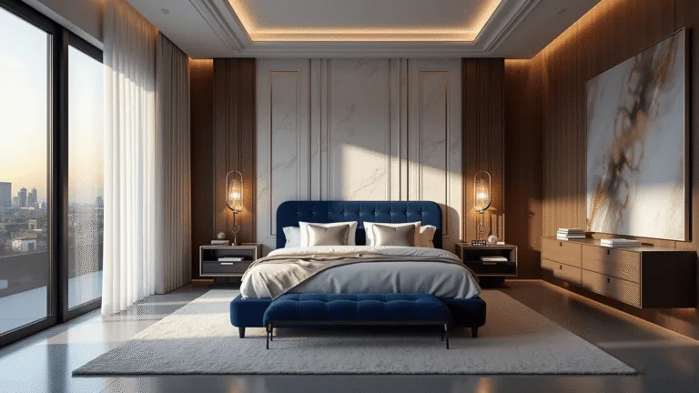 Photorealistic wide-angle view of an opulent master bedroom at golden hour, featuring a sapphire blue tufted velvet headboard, Egyptian cotton linens, and polished concrete floors, with dramatic shadows cast by natural light filtering through sheer curtains, and a twilight cityscape visible through panoramic windows.