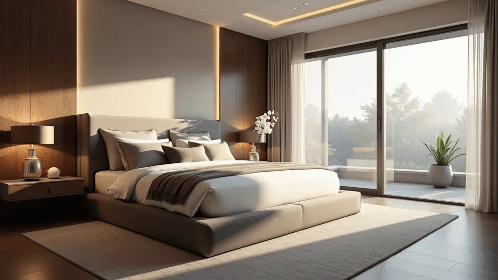 A luxurious modern minimalistic master bedroom featuring a king-size bed with white linens, oversized grey velvet headboard, walnut nightstands with brass lamps, and floor-to-ceiling windows bathed in soft morning light, showcasing rich textures and elegant decor.