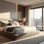 A luxurious modern minimalistic master bedroom featuring a king-size bed with white linens, oversized grey velvet headboard, walnut nightstands with brass lamps, and floor-to-ceiling windows bathed in soft morning light, showcasing rich textures and elegant decor.
