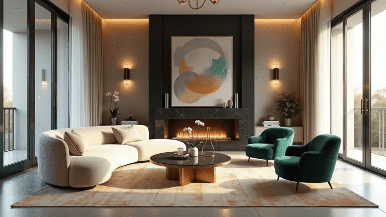 A luxurious open-concept living space featuring a curved ivory bouclé sofa, emerald velvet chairs, and a black marble fireplace, bathed in soft golden hour light streaming through floor-to-ceiling windows.