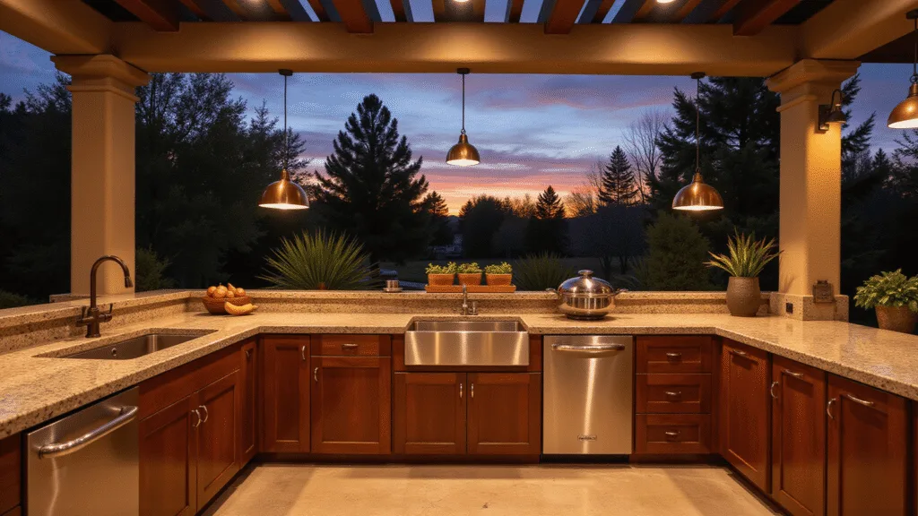 A modern L-shaped outdoor kitchen featuring a stainless steel undermount sink and polished granite countertops, illuminated by warm copper pendant lights at sunset, with rich teak wood cabinetry, dramatic light patterns from a pergola, and a blurred garden background in golden hues.