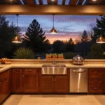 A modern L-shaped outdoor kitchen featuring a stainless steel undermount sink and polished granite countertops, illuminated by warm copper pendant lights at sunset, with rich teak wood cabinetry, dramatic light patterns from a pergola, and a blurred garden background in golden hues.